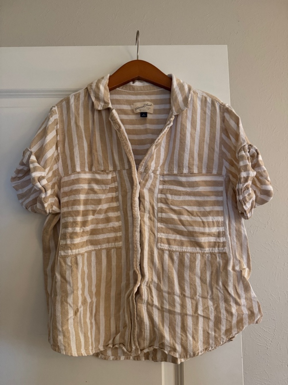 Universal Thread Beige & White Striped Button-Up Shirt
